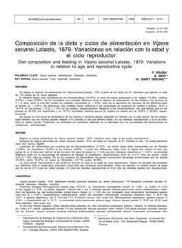 Composición De La Dieta Y Ciclos De Alimentación En Vipera Seoanei Lataste, 1879