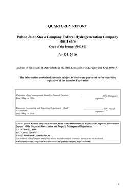 QUARTERLY REPORT Public Joint-Stock Company Federal Hydrogeneration Company Rushydro for Q1 2016