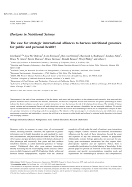 Horizons in Nutritional Science the Case for Strategic International