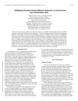 Mitigating Visually Induced Motion Sickness: a Virtual Hand- Eye Coordination Task