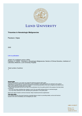 Trisomies in Hematologic Malignancies Paulsson, Kajsa