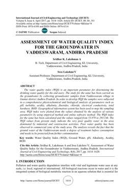 Assessment of Water Quality Index for the Groundwater in Vaddeswaram, Andhra Pradesh