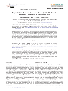 Range Extension of the Mud Crab Eurypanopeus Depressus (Smith, 1869) (Decapoda, Panopeidae): a New Record for the Coastal South of Brazil