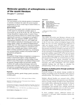 Molecular Genetics of Schizophrenia from Approximately Dehydrogenase (PRODH2, 22Q11.21), G72 (13Q34) with the Middle of 2001