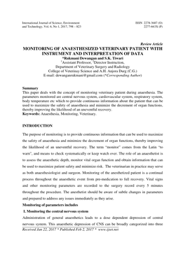 MONITORING of ANAESTHESIZED VETERINARY PATIENT with INSTRUMENT and INTERPRETATION of DATA *Rukmani Dewangan and S.K