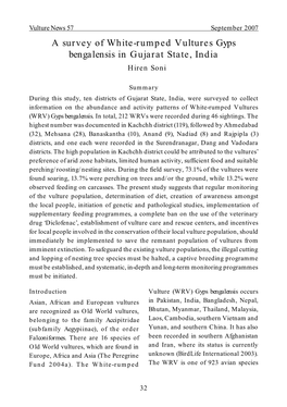 A Survey of White-Rumped Vultures Gyps Bengalensis in Gujarat State, India Hiren Soni