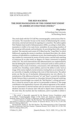 THE DEHUMANIZATION of the COMMUNIST ENEMY in AMERICAN COLD WAR CINEMA** Oleg Riabov St Petersburg State University, St Petersburg, Russia