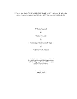 Evolution Rates of Post Glacial Lake Ecosystems in Northern New England: a Geochemical Study Using Lake Sediments