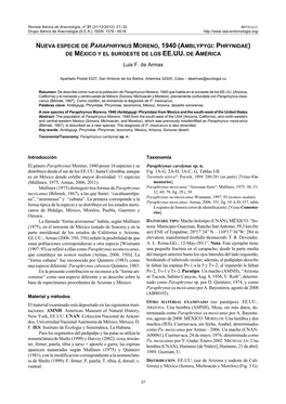 Nueva Especie De Paraphrynus Moreno, 1940 (Amblypygi: Phrynidae) De México Y El Suroeste De Los Ee.Uu