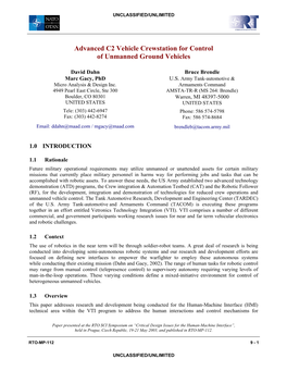 Advanced C2 Vehicle Crewstation for Control of Unmanned Ground Vehicles