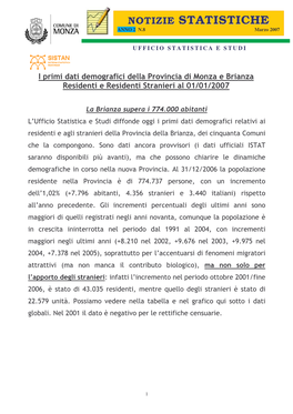 NUMERO STATISTICO-8-2007 Residenti Brianza 01.01.2007