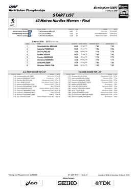 START LIST 60 Metres Hurdles Women - Final