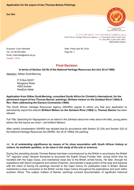 Final Decision in Terms of Section 32(19) of the National Heritage Resources Act (Act 25 of 1999) Attention: Gilliian Scott-Berning