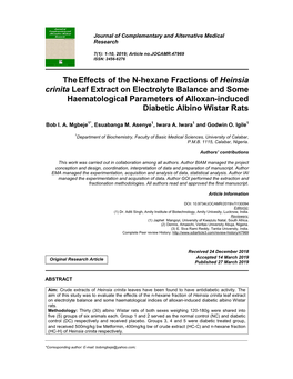 Theeffects of the N-Hexane Fractions of Heinsia Crinita Leaf Extract on Electrolyte Balance and Some Haematological Parameters