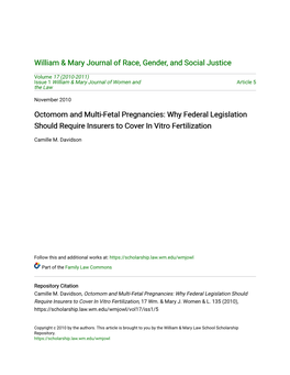 Octomom and Multi-Fetal Pregnancies: Why Federal Legislation Should Require Insurers to Cover in Vitro Fertilization