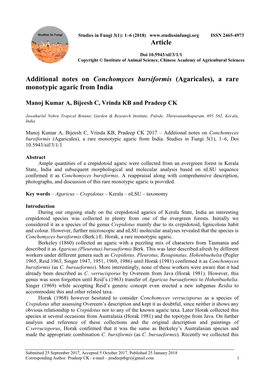 Additional Notes on Conchomyces Bursiformis (Agaricales), a Rare Monotypic Agaric from India