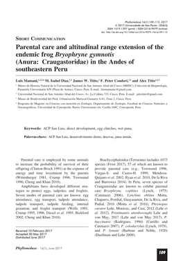Anura: Craugastoridae) in the Andes of Southeastern Peru