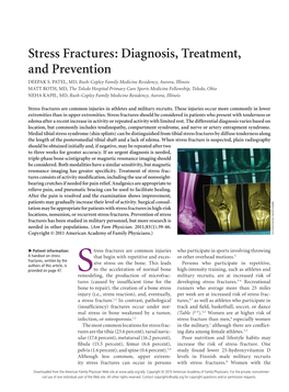 Stress Fractures: Diagnosis, Treatment, and Prevention DEEPAK S