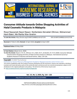Consumer Attitude Towards Online Shopping Activities of Halal Cosmetic Products in Malaysia