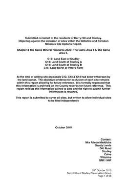 Submitted on Behalf of the Residents of Derry Hill and Studley. Objecting Against the Inclusion of Sites Within the Wiltshire and Swindon Minerals Site Options Report