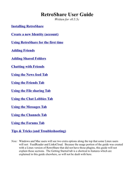 Retroshare User Guide Written for V0.5.5C