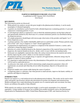 PARTICLE DISPERSION for SIZE ANALYSIS As Published in GXP, Summer 2011 (Vol15/No3) Jorie Kassel