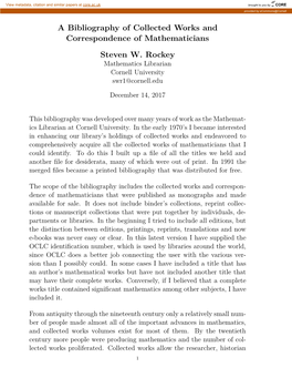 A Bibliography of Collected Works and Correspondence of Mathematicians Steven W