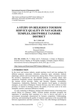 A Study on Religious Tourism Service Quality in Navagraha Temples, Erstwhile Tanjore District
