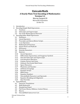 Unicodemath a Nearly Plain-Text Encoding of Mathematics Version 3.1 Murray Sargent III Microsoft Corporation 16-Nov-16