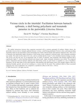 Facilitation Between Barnacle Epibionts, a Shell Boring Polychaete and Trematode Parasites in the Periwinkle Littorina Littorea ⁎ David W