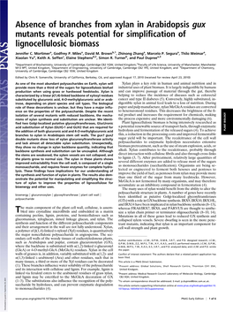 Absence of Branches from Xylan in Arabidopsis Gux Mutants Reveals Potential for Simplification of Lignocellulosic Biomass