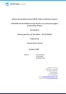 Marine Stewardship Council (MSC) Public Certification Report SATHOAN French Mediterranean Bluefin Tuna Artisanal Longline and Ha
