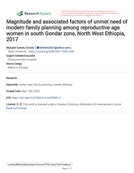 Magnitude and Associated Factors of Unmet Need of Modern Family Planning Among Reproductive Age Women in South Gondar Zone, North West Ethiopia, 2017