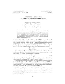 A MULTIGRID METHOD for the MAXIMAL CORRELATION PROBLEM Xin-Guo Liu and Kun Wang (Communicated by Zhongzhi Bai) 1. Introduction