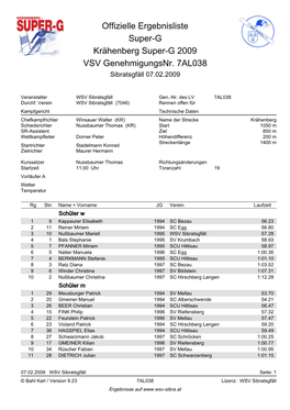 Offizielle Ergebnisliste Super-G Krähenberg Super-G 2009 VSV Genehmigungsnr