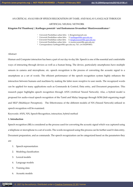 An Critical Analysis of Speech Recognition of Tamil and Malay Language Through