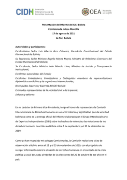 Presentación Del Informe Del GIEI Bolivia Comisionada Julissa Mantilla 17 De Agosto De 2021 La Paz, Bolivia