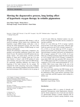 Slowing the Degenerative Process, Long Lasting Effect of Hyperbaric Oxygen Therapy in Retinitis Pigmentosa