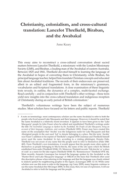 Christianity, Colonialism, and Cross-Cultural Translation: Lancelot Threlkeld, Biraban, and the Awabakal