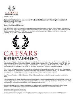Caesars Entertainment Announces New Board of Directors Following Completion of Restructuring of CEOC
