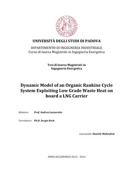 Dynamic Model of an Organic Rankine Cycle System Exploiting Low Grade Waste Heat on Board a LNG Carrier