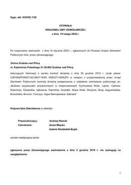 1 Sygn. Akt: KIO/KD 7/20 UCHWAŁA KRAJOWEJ IZBY ODWOŁAWCZEJ Z Dnia 10 Lutego 2020 R. Po Rozpoznaniu Zastrzeżeń Z Dnia 10 St