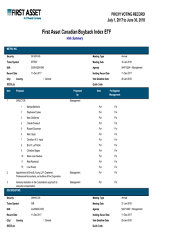 First Asset Canadian Buyback Index ETF Vote Summary