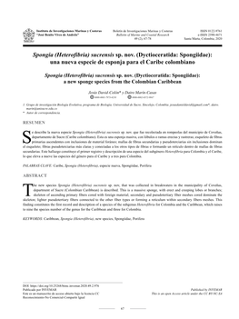 Spongia (Heterofibria) Sucrensis Sp. Nov. (Dyctioceratida: Spongiidae): Una Nueva Especie De Esponja Para El Caribe Colombiano