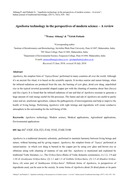 Agnihotra Technology in the Perspectives of Modern Science - a Review”, Indian Journal of Traditional Knowledge, (2017), 16(3), 454 - 462