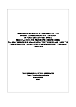 MEMORANDUM in SUPPORT of an APPLICATION for the ESTABLISHMENT of a TOWNSHIP in TERMS of SECTION 96 of the TOWN PLANNING and TOWNSHIPS ORDINANCE 1986 (No