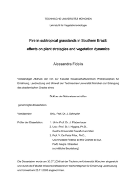 Fire in Subtropical Grasslands in Southern Brazil: Effects on Plant