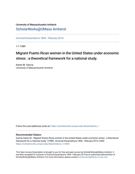 Migrant Puerto Rican Women in the United States Under Economic Stress : a Theoretical Framework for a National Study