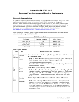 Fall, 2016, Semester Plan: Lectures and Reading Assignments