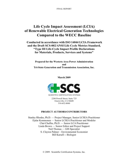 LCIA) of Renewable Electrical Generation Technologies Compared to the WECC Baseline
